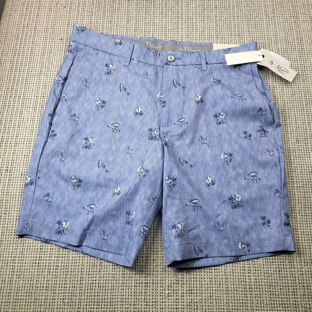 Original Penguin Shorts Mens 32 Blue Beach‎ Print Chino 9 Inseam Casual Summer